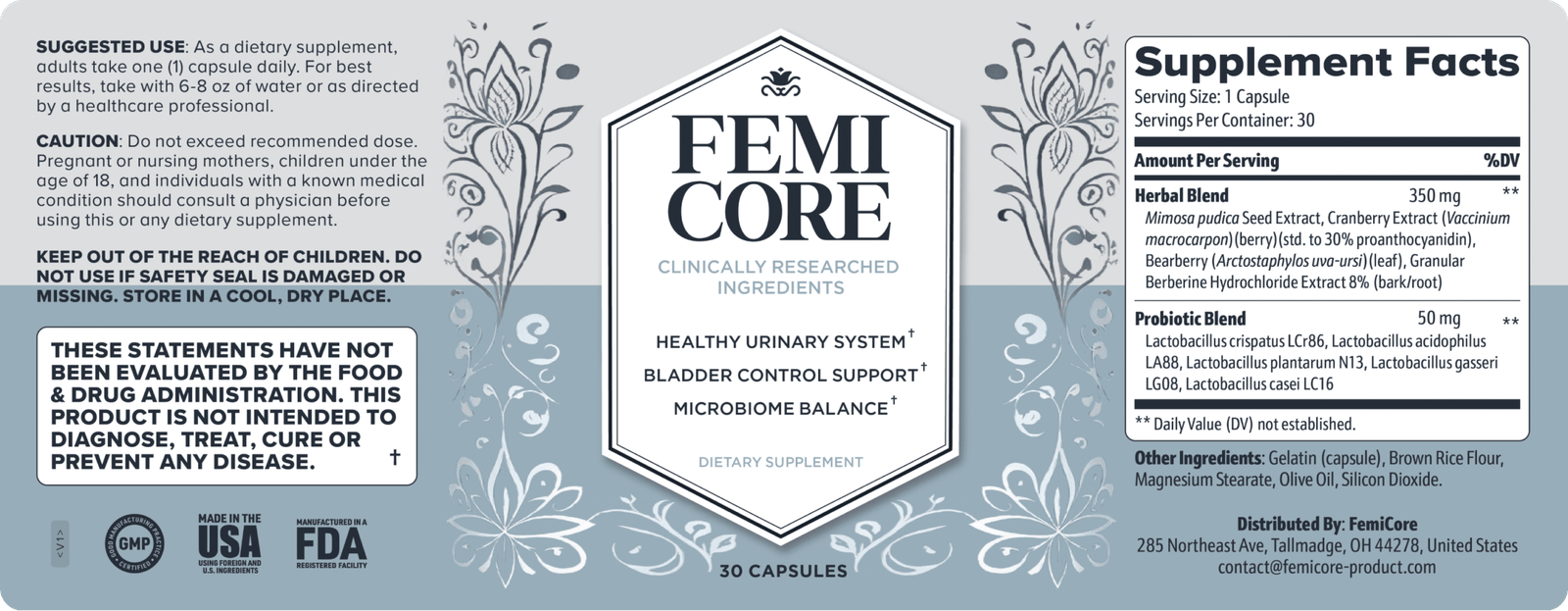 FemiCore Supplement Facts label and suggested use